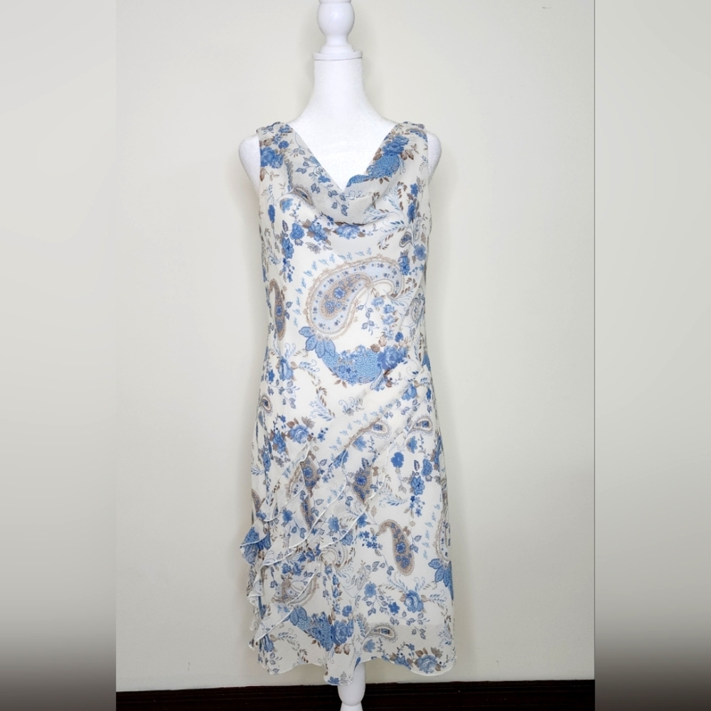 Alyn Paige Y2K Elegant Floral Paisley Drape Neck Ruffle Midi Dress Sz8 Fairycore